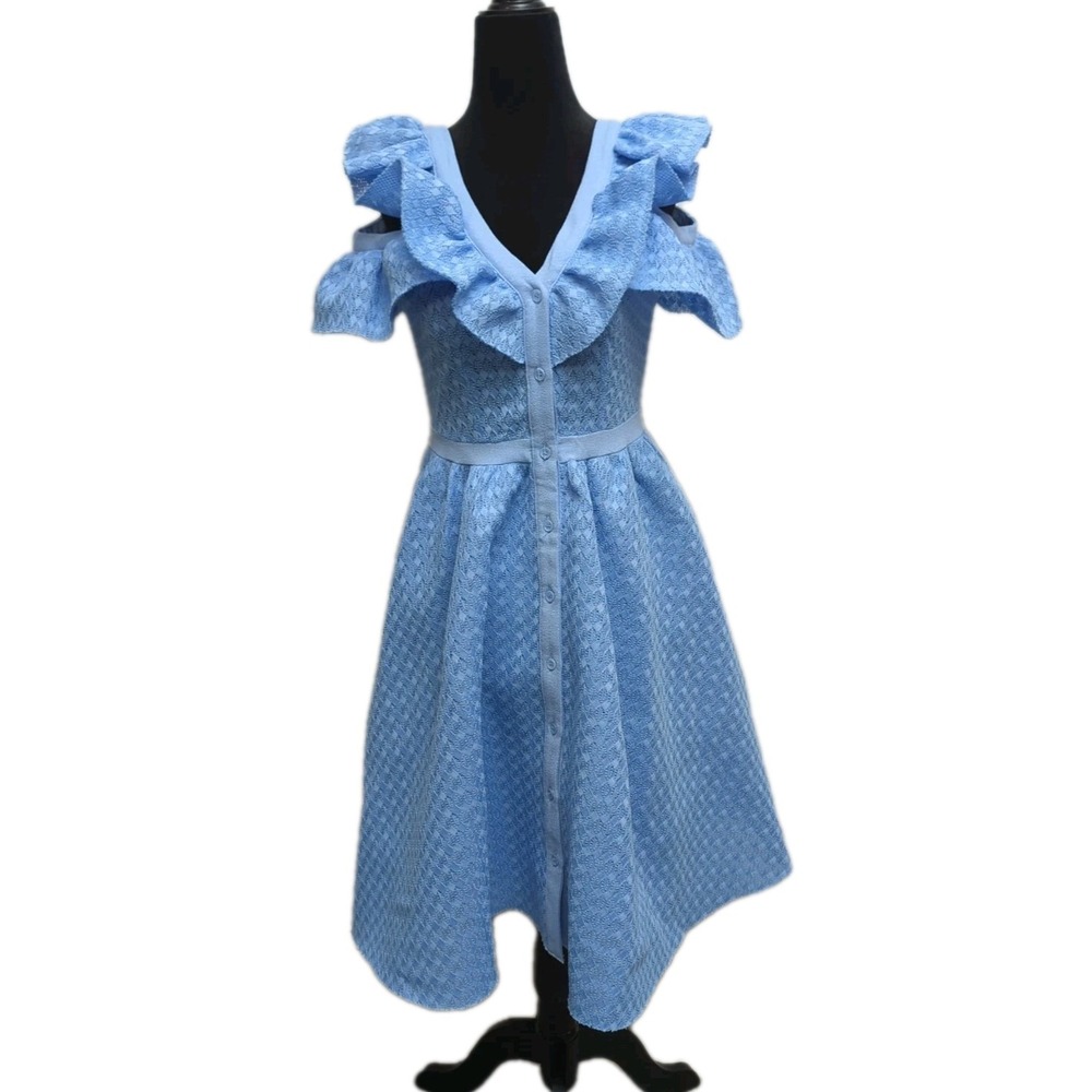 C7 Maje Blue‎ Lace Reglisse Ruffled Cold Shoulder Dress Sz 1 V Neck Fit N Flare